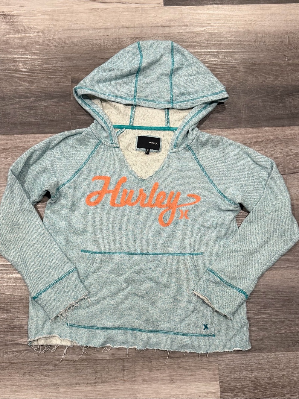 Hurley Women’s Blue Terry Pullover Hoodie Raw Hem Orange Logo Size Small